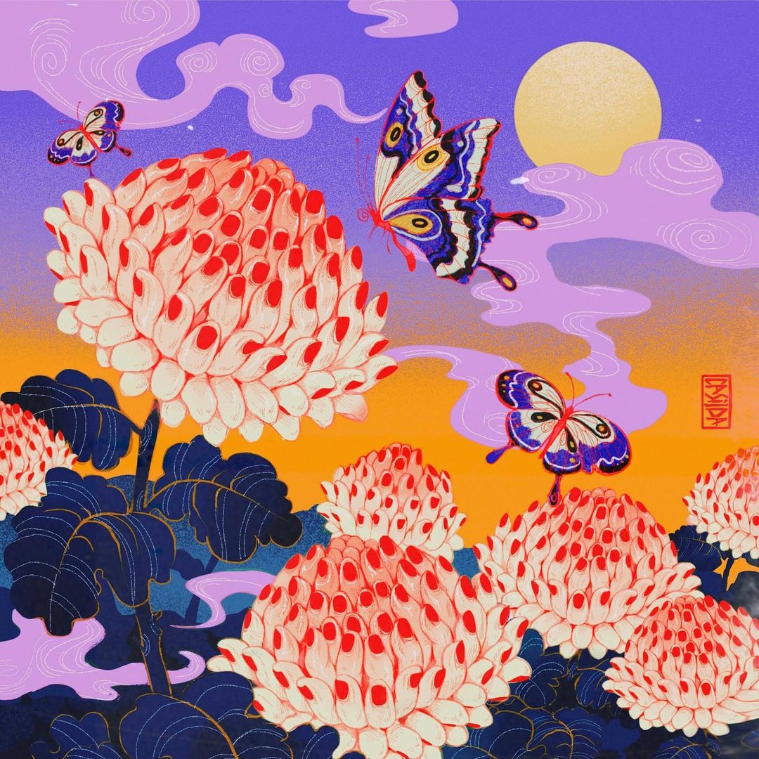 flores como dedodas y mariposa ilustraciones psicodelicas de sillda