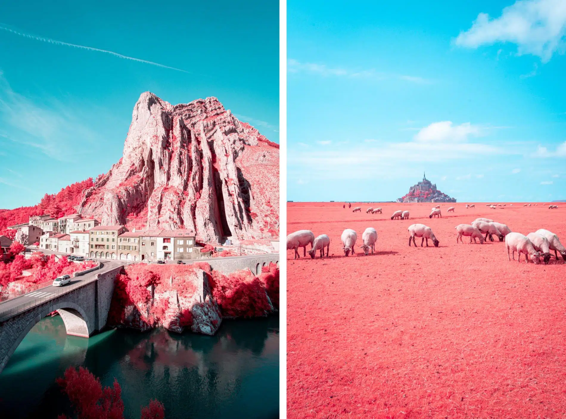 fotografia infrajoga de Paolo Pettigiani ciudad en rocas y ovejas