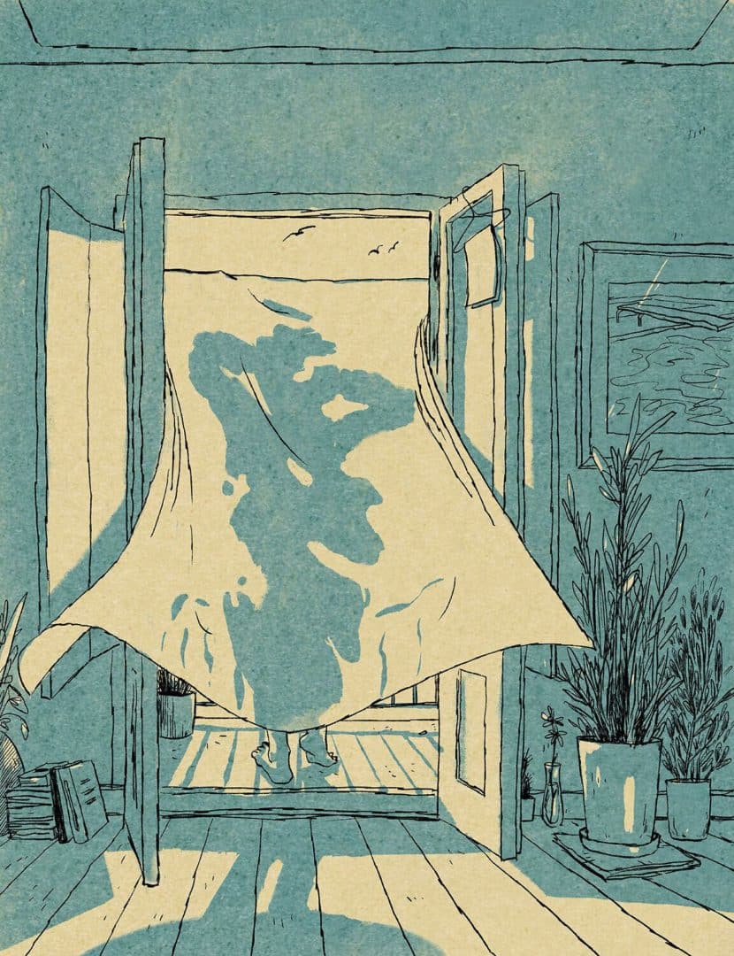 ilustraciones de luis mendo azul sombra silueta en la cortina