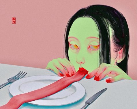 Ilustración japonesa de una chica con la lengua sobre un plato