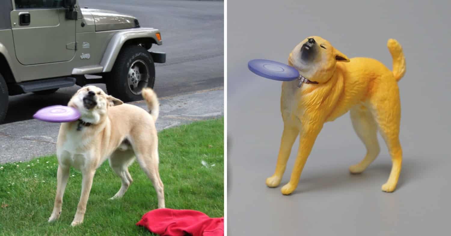 meetissai esculruras de memes de animales perro con frisbee
