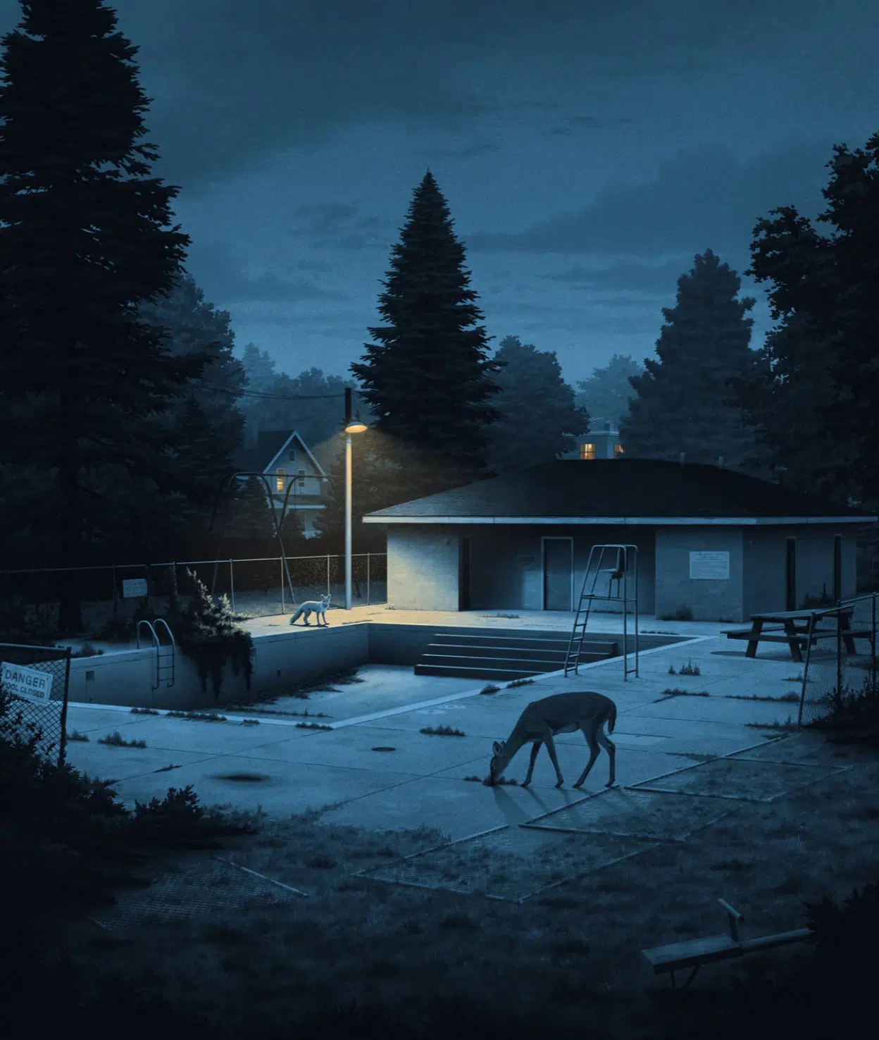 nicholas moegly ilustraciones nostalgicas casa abandonada con piscina abandonada y nostalgia animal salvaje