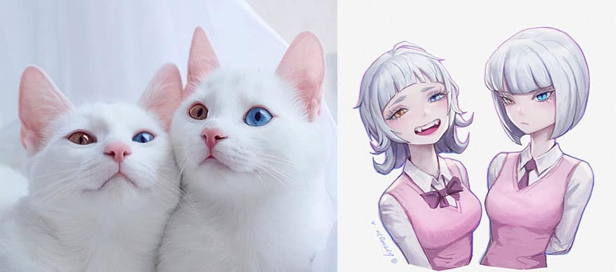 diseño de personajes nitro animales anime dos gatos blancos