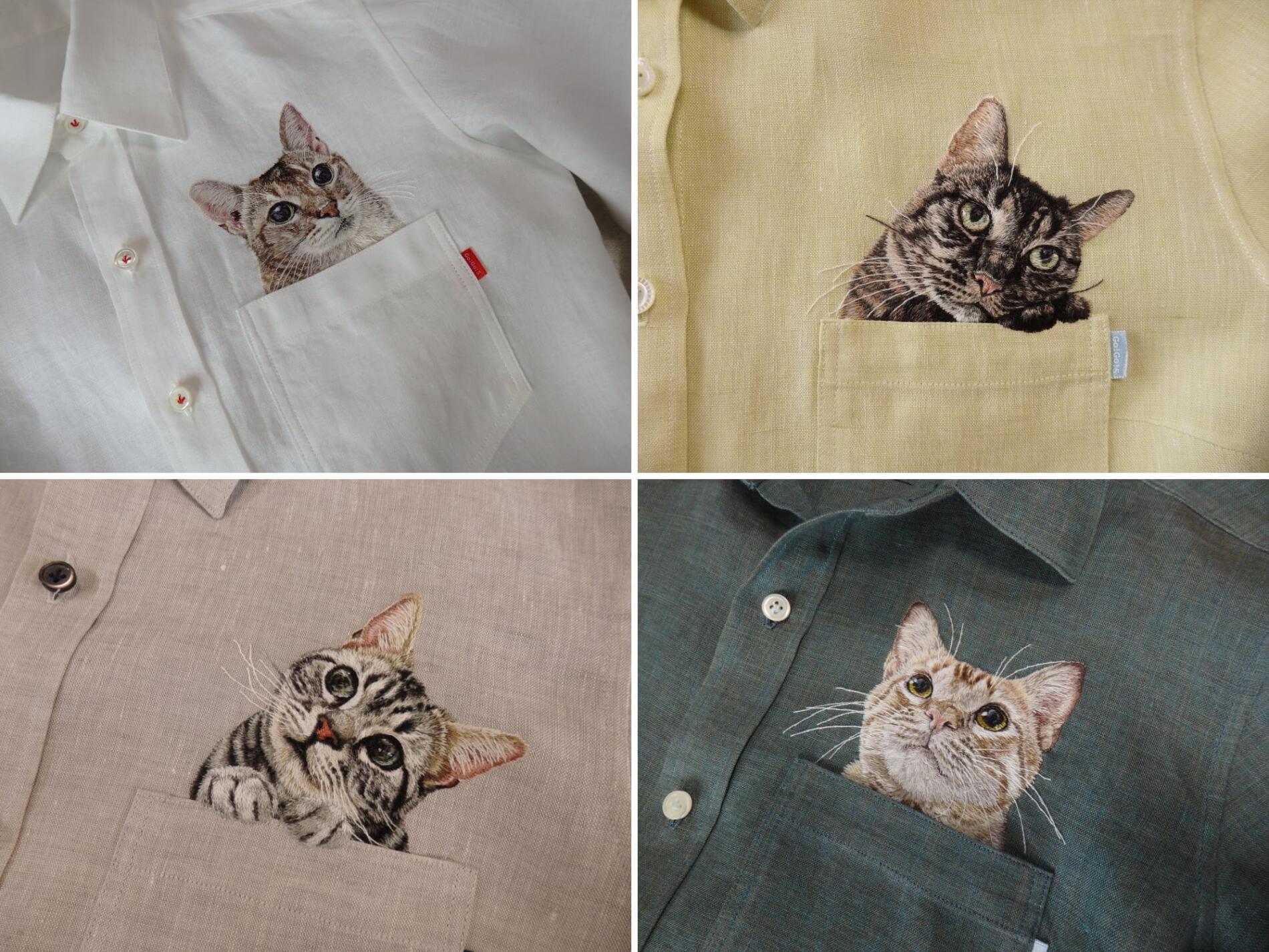 gatos bordados sobre camisas en bolsillos Hiroko Kubota