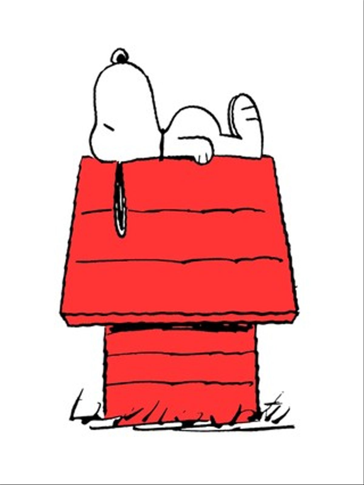 Snoopy sobre su casa de madera roja