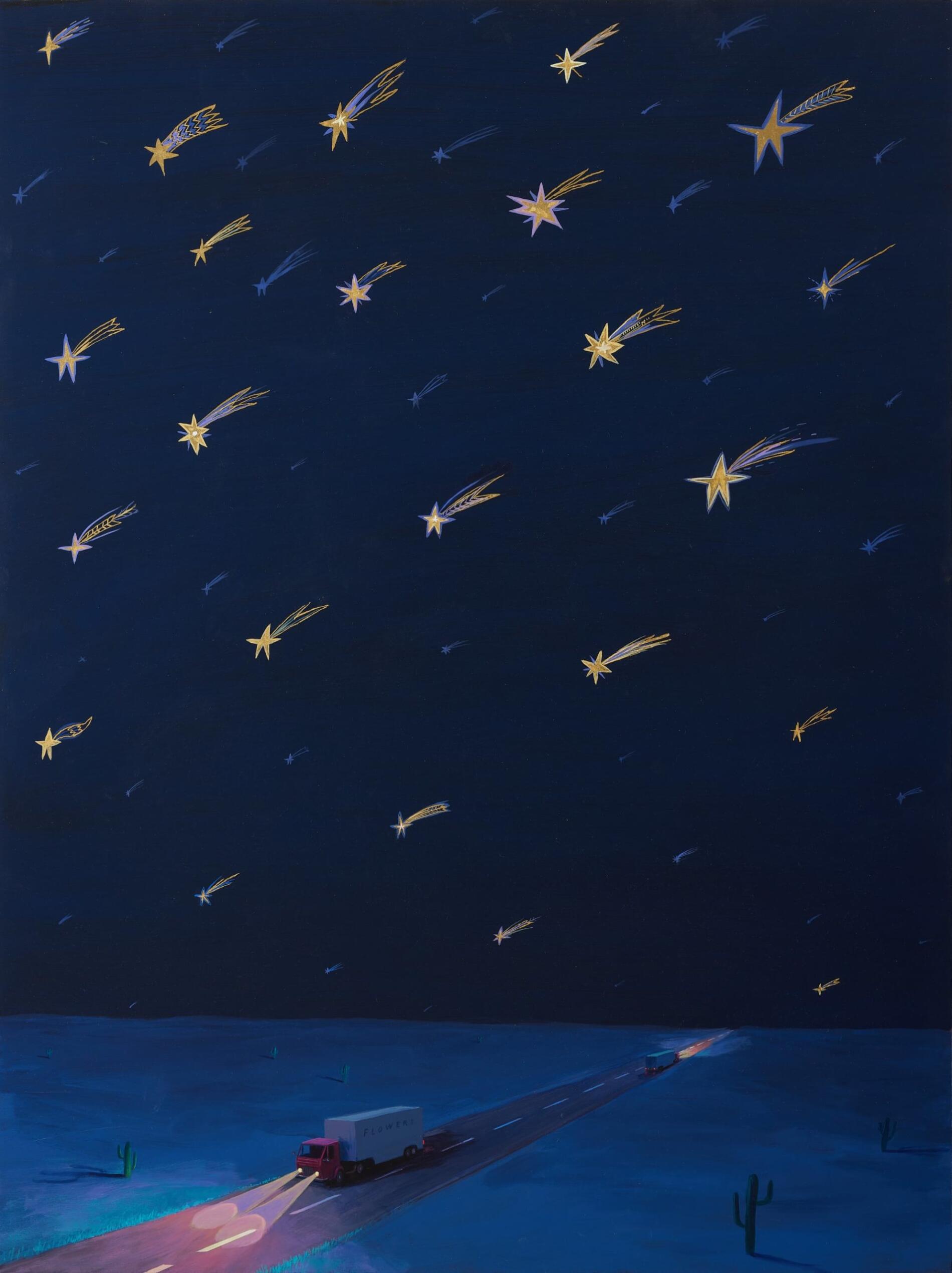 Oliver Jeffers paisajes nocturnos sobre acrilico yhe nicght in bloom cometas