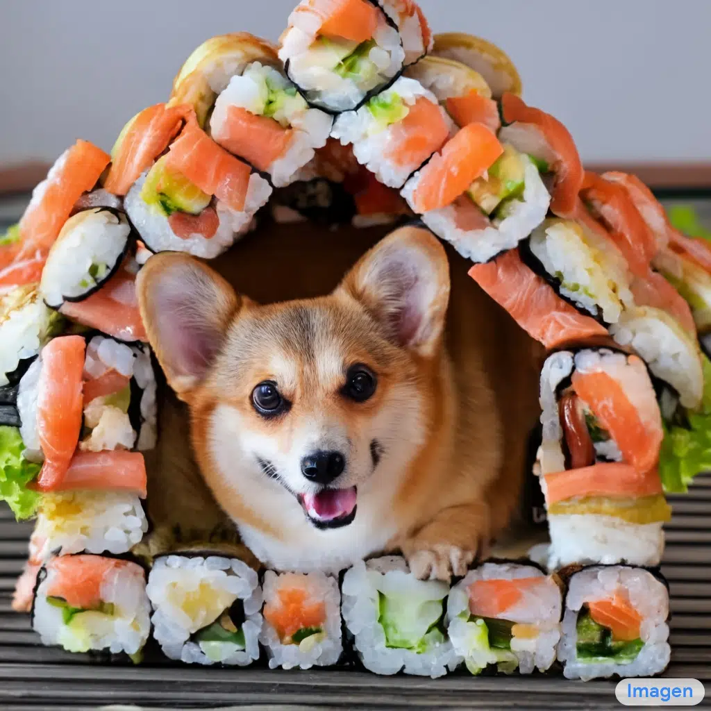a-cute-corgi-lives-in-a-house-made-out-of-sushi created by imagen google ia