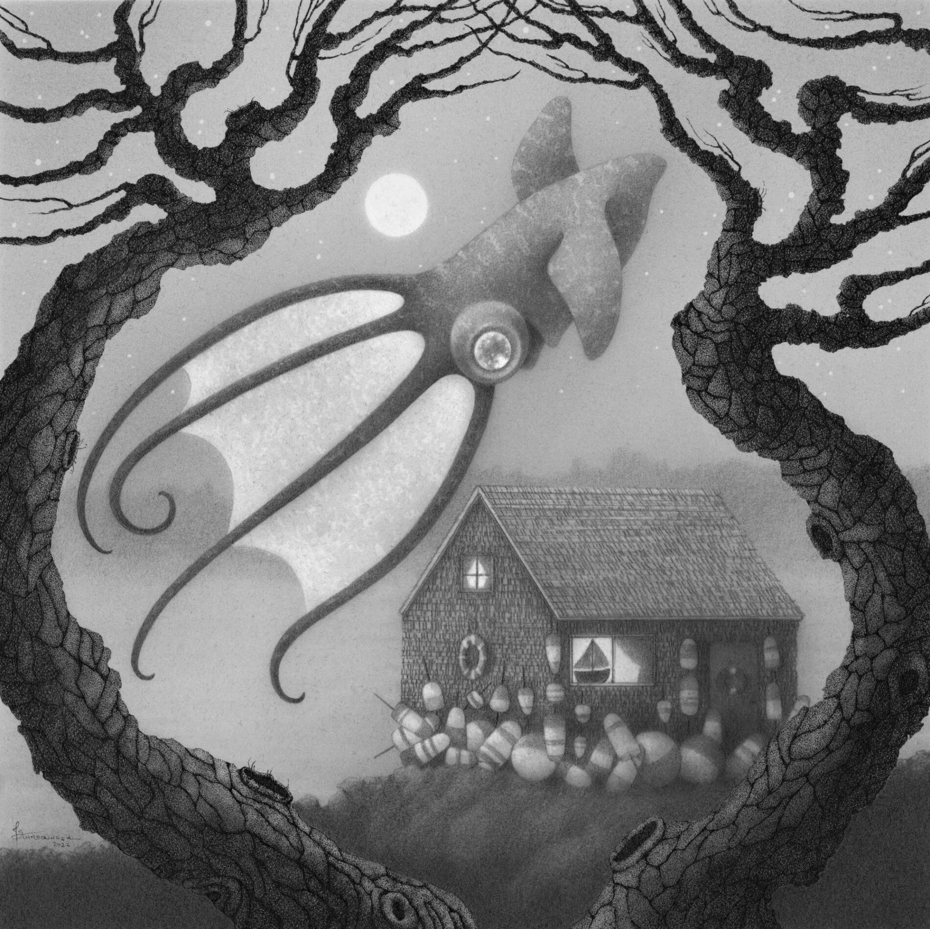 Juliet Schrekinger animales blanco y negro Vasey The Vampire Squid And Her Haunted Boat House