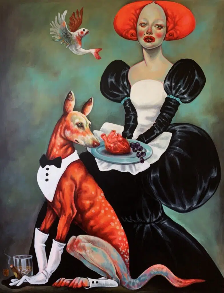 Afarin Sajedi ointura surreal pop mujer con perro