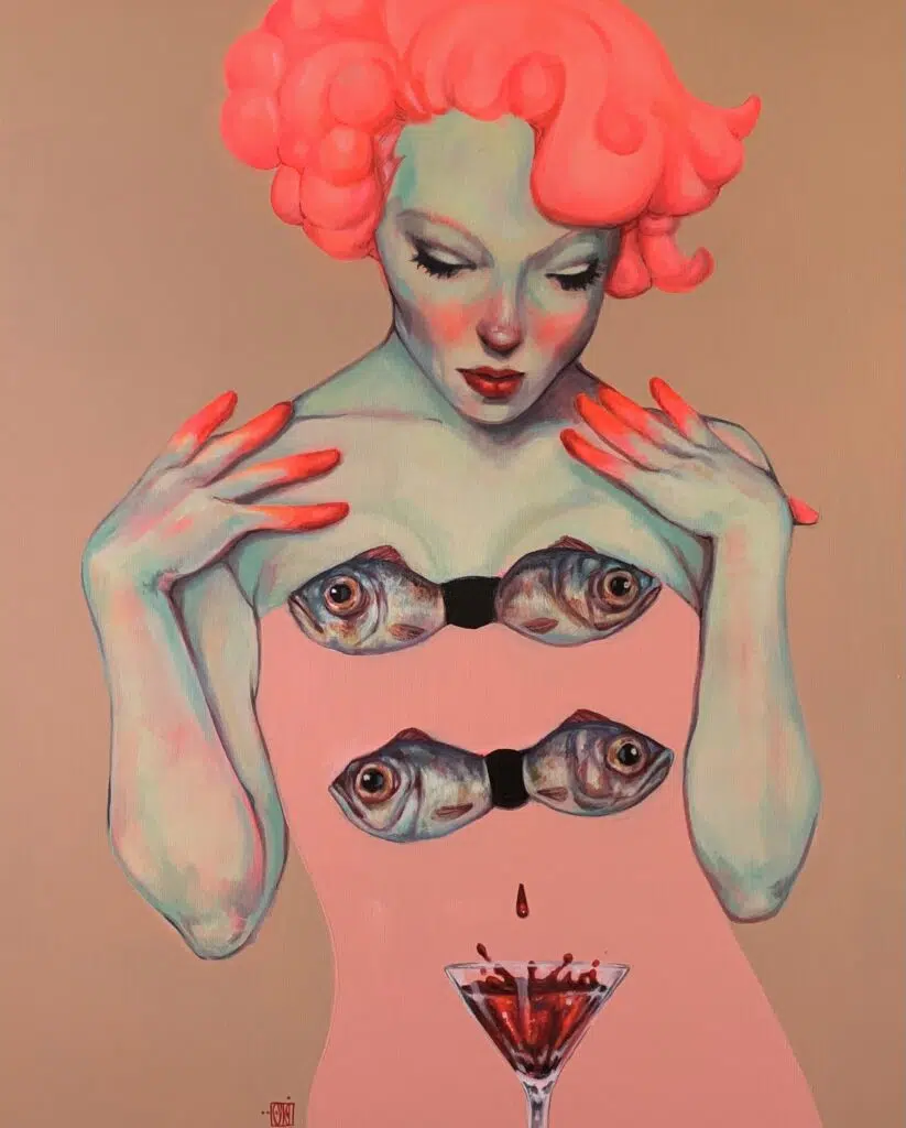 Afarin Sajedi ointura surreal pop mujer peces sangre