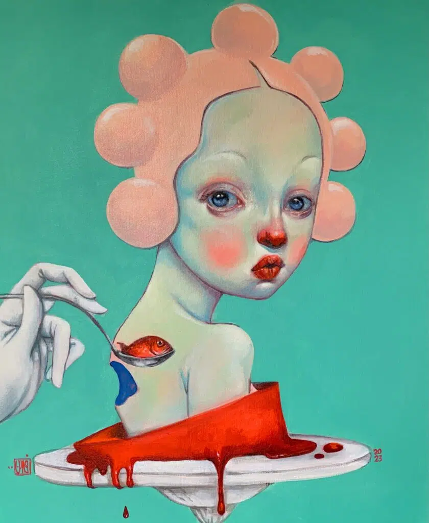 Afarin Sajedi ointura surreal pop mujer peces sangre